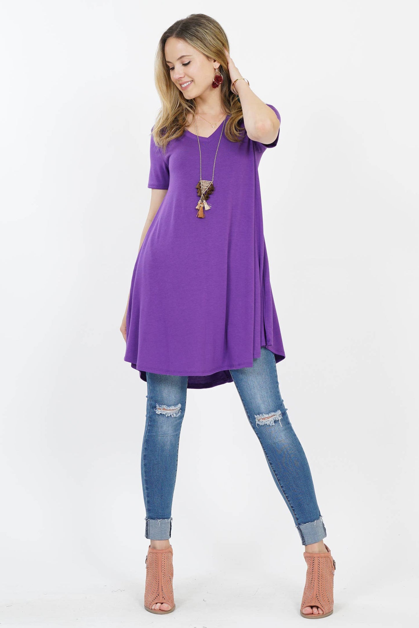 Vneck Curved Hem Two Pocket Tunic