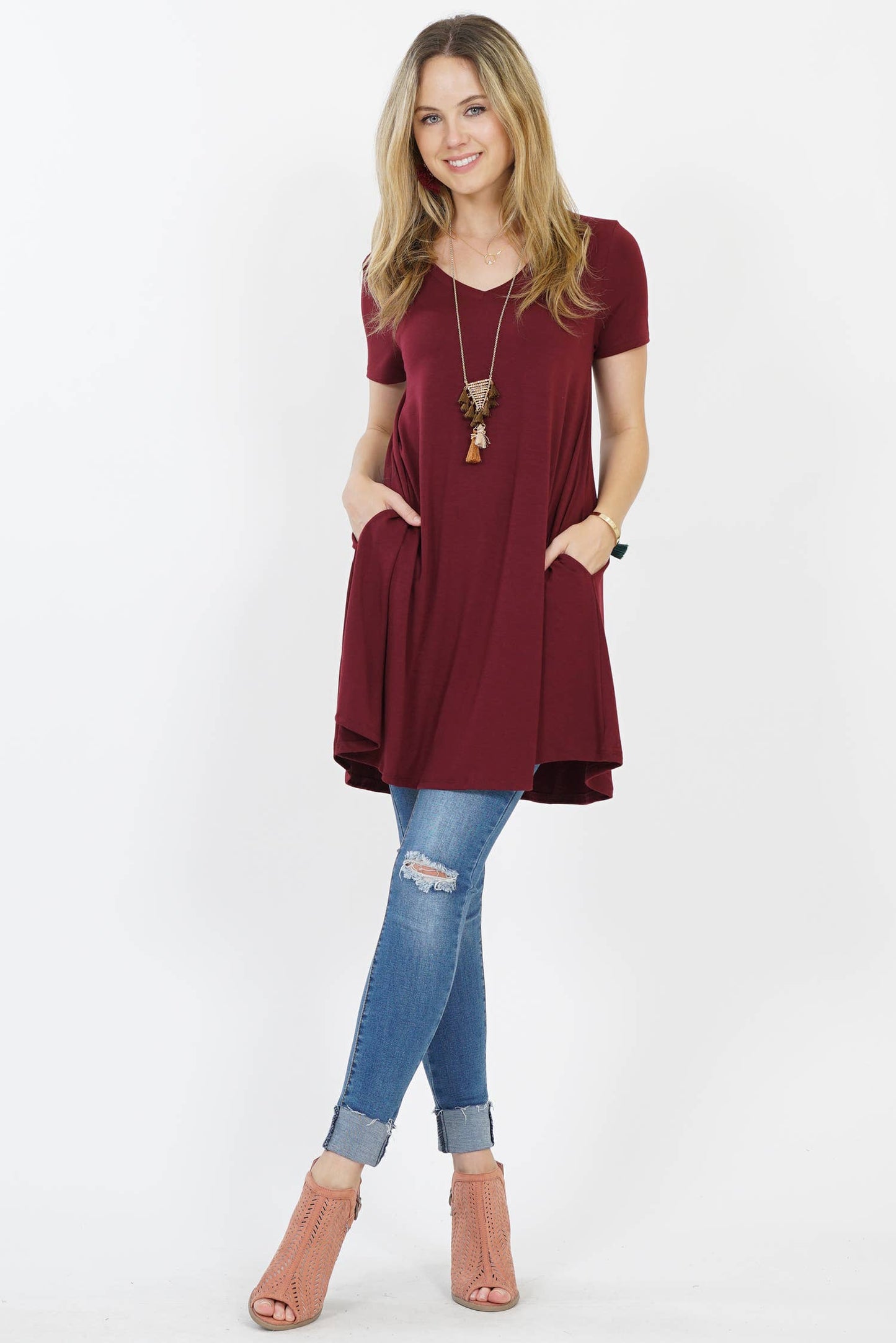 Vneck Curved Hem Two Pocket Tunic