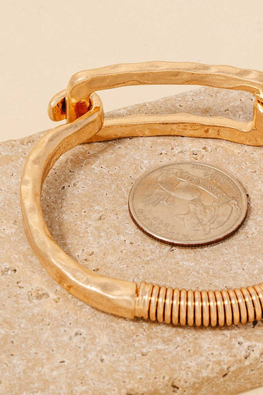Hammered Rectangle Coil Spring Hook Bangle Bracelet: Gold