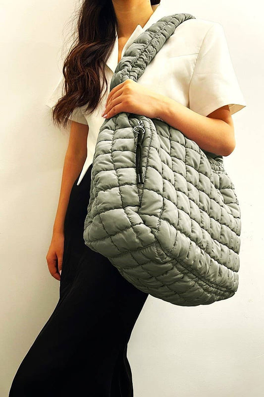 Premium Oversized Quilted Carryall Crossbody Bag: SAGE GREY