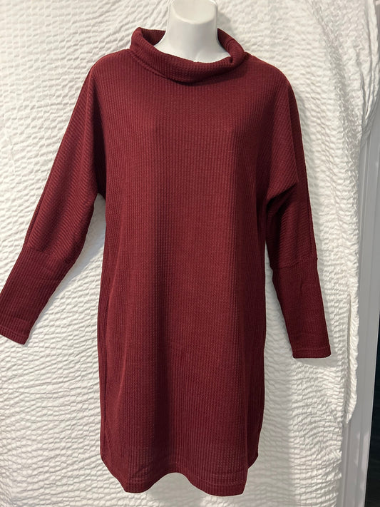 Maroon Waffle-knit Turtleneck Sweater Dress