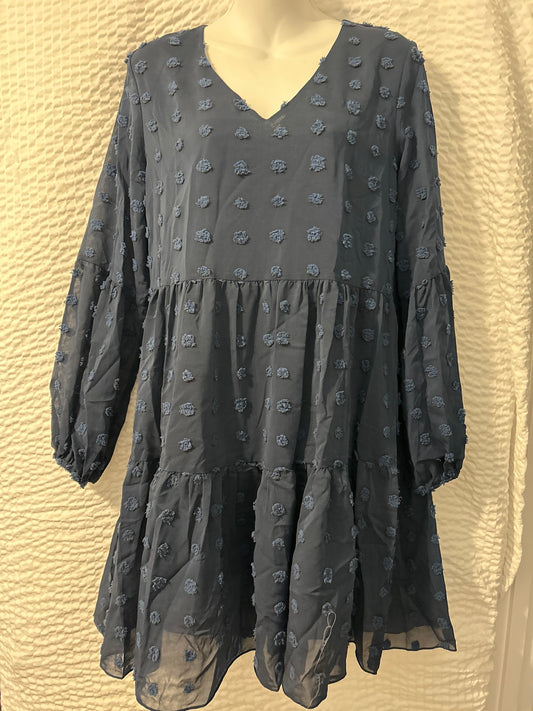 Navy Longsleeve V-Neck Swiss Dot Dress M