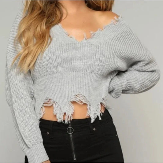 HERA Grey Distressed Crop Knit Sweater